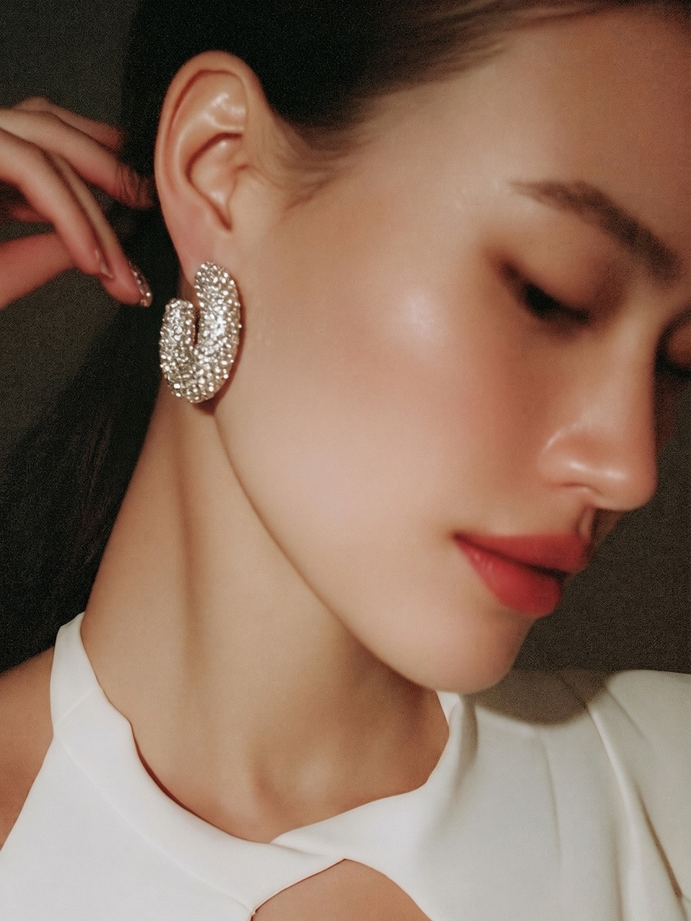 Silver Crystal C-Shape Statement Earrings - Women Jewelry